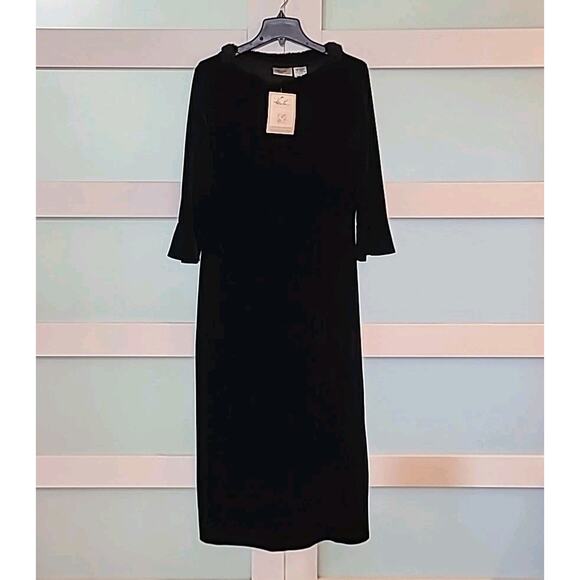 Vtg 90s Y2K Kathie Lee Black Velvet 3/4 Sleeve Maxi Faux Fur Collar Goth Large - Picture 1 of 8